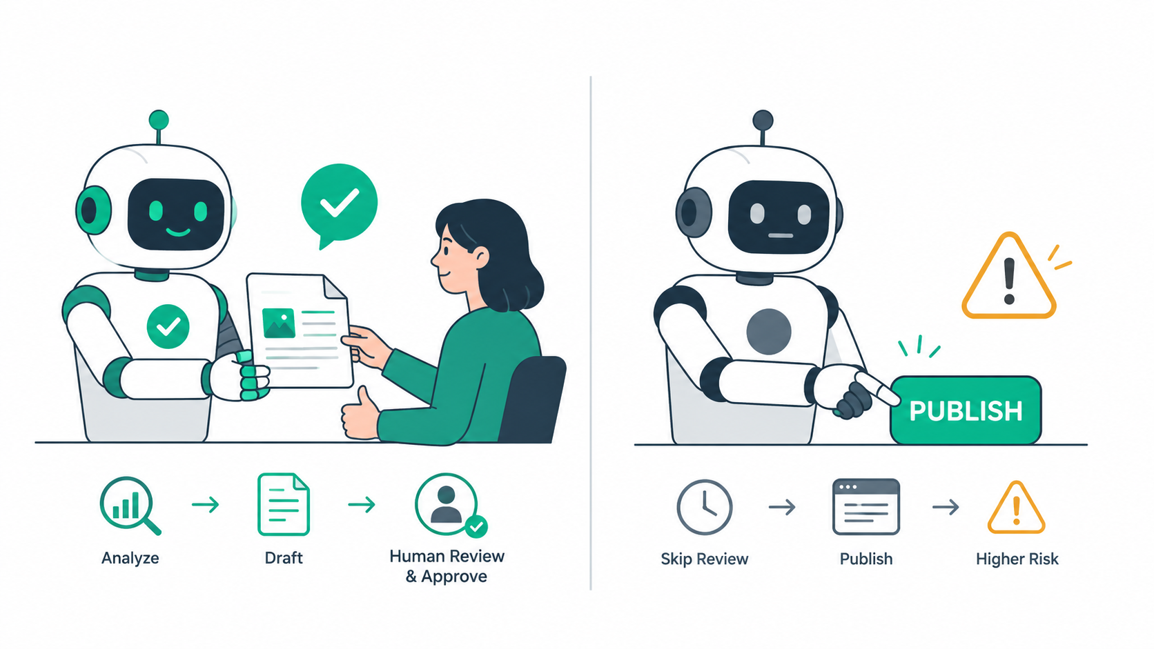 AI SEO agent drafting a fix for human approval versus auto-publishing with higher risk